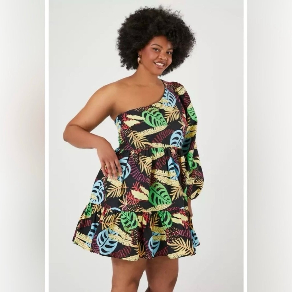Forever 21 Tropical Palm One-Shoulder Puff Sleeve Tiered Ruffle Mini Dress